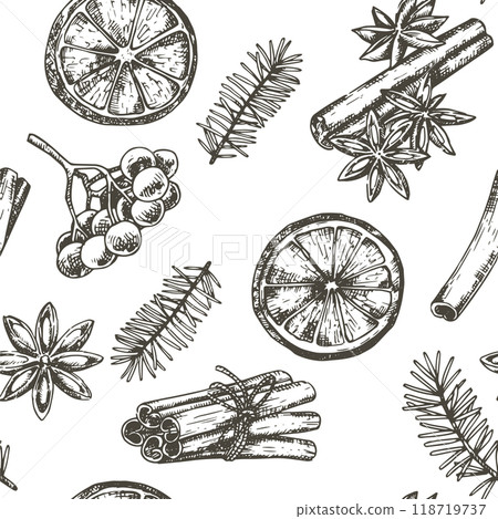 Christmas seamless pattern. with spruce branches, holly and dried orange and cinnamon in sketch style 118719737