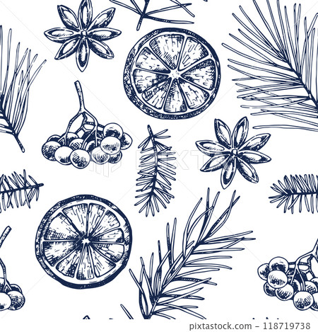Christmas seamless pattern. with spruce branches, holly and dried orange and cinnamon in sketch style 118719738