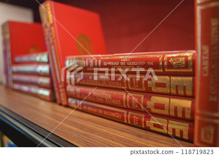 A collection of red hardcover books with gold lettering, neatly arranged on a wooden shelf. The titles are in Portuguese, enhancing the sophisticated atmosphere. A collection of red hardcover books with gold lettering, neatly arranged on a wooden shelf. The titles are in Portuguese, enhancing the sophisticated atmosphere. 118719823