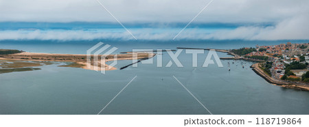 Aerial view of the Atlantic ocean near the city of Porto in Portugal. Porto bay Douro river entering the ocean. 118719864