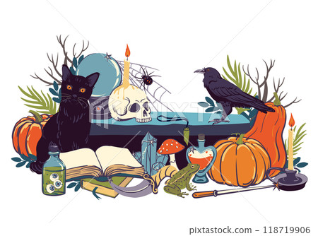 Composition with magic items, witchcraft goods, grimoire, potion, elixir, skull, magic ball and candlestick, pumpkin. Familiars for the sorcerer cat, frog, raven. Vector illustration for Halloween. Composition with magic items, witchcraft goods, grimoire, potion, elixir, skull, magic ball and candlestick, pumpkin. Familiars for the sorcerer cat, frog, raven. Vector illustration for Halloween. 118719906