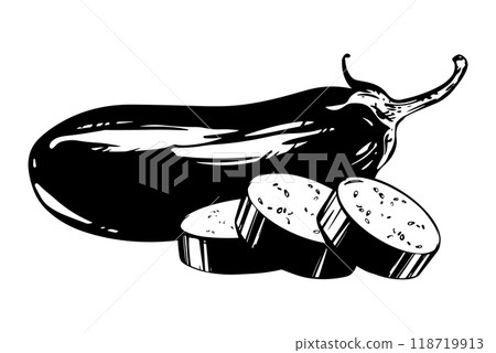 Black ink sketch of eggplant. Hand drawn whole brinjal vegetable and pieces on white background. Vector illustration of aubergine in engraving style. Illustration for label, product packaging. 118719913