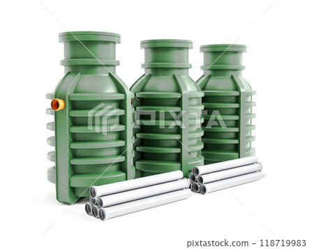 Three plastic household septic tanks on white 118719983