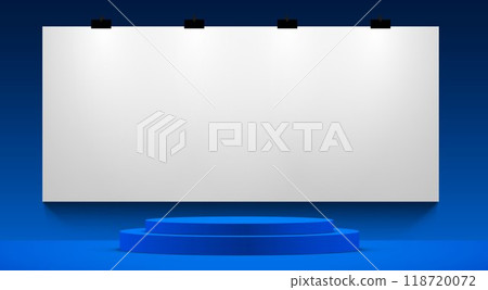 blue podium with white screen blackground in the blue room	 118720072