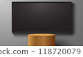 wooden podium with led screen blackground in the white room	 118720079