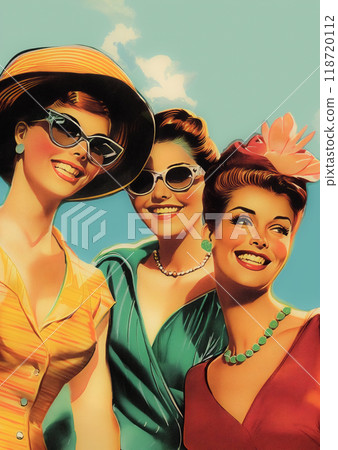 Retro poster style 1950, people, fashionable trio in vintage outfits - nostalgic retro poster showcasing classic style and elegance. High quality illustration 118720112