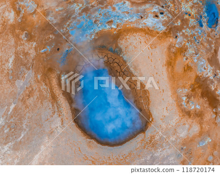 Beautiful aerial view of the Geysir valley in Iceland. Geothermal area in Haukadular valley, Iceland, with steaming hot springs, hot water streams 118720174
