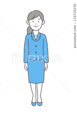 一個穿著西裝的女人微笑著站著的全身插圖 一個穿著西裝的女人微笑著站著的全身插圖 118720256