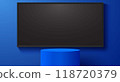 blue podium with led screen blackground in the blue room	 118720379