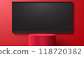 red podium with led screen blackground in the red room	 118720382