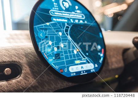 High-tech car navigation display featuring a city map with Park Lane, current time of 12:19, and temperature of 20C. Sleek design in an urban setting. High-tech car navigation display featuring a city map with Park Lane, current time of 12:19, and temperature of 20C. Sleek design in an urban setting. 118720448
