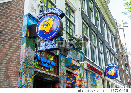 AMSTERDAM, NETHERLANDS - September 2024: Coffeeshop Smokey is a cannabis coffee shop located on the biggest square in Amsterdam, September Autumn 2024 Amsterdam, Netherlands 118720466
