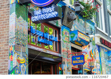 AMSTERDAM, NETHERLANDS - September 2024: Coffeeshop Smokey is a cannabis coffee shop located on the biggest square in Amsterdam, September Autumn 2024 Amsterdam, Netherlands 118720467