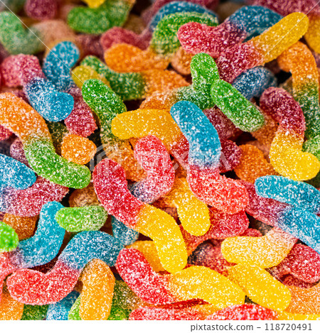 Assorted colorful gummy jelly candies. Top view. Jelly sweets. Assorted colorful gummy jelly candies. Top view. Jelly sweets. 118720491