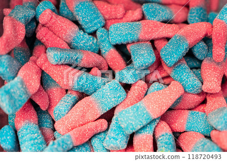Assorted colorful gummy jelly candies. Top view. Jelly sweets. Assorted colorful gummy jelly candies. Top view. Jelly sweets. 118720493