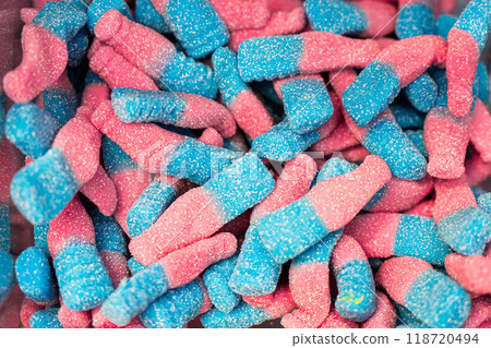 Assorted colorful gummy jelly candies. Top view. Jelly sweets. Assorted colorful gummy jelly candies. Top view. Jelly sweets. 118720494