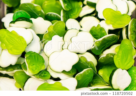 Assorted colorful gummy jelly candies. Top view. Jelly sweets. 118720502