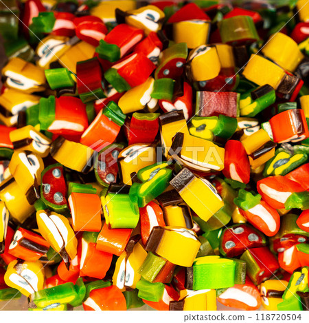 Assorted colorful gummy jelly candies. Top view. Jelly sweets. Assorted colorful gummy jelly candies. Top view. Jelly sweets. 118720504