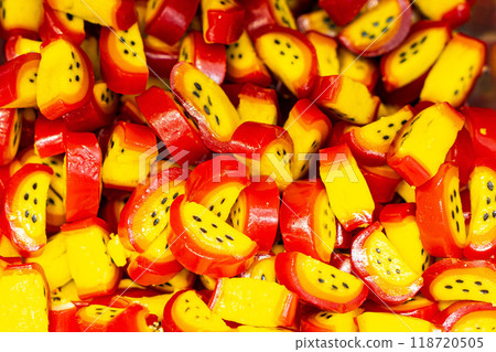 Assorted colorful gummy jelly candies. Top view. Jelly sweets. Assorted colorful gummy jelly candies. Top view. Jelly sweets. 118720505