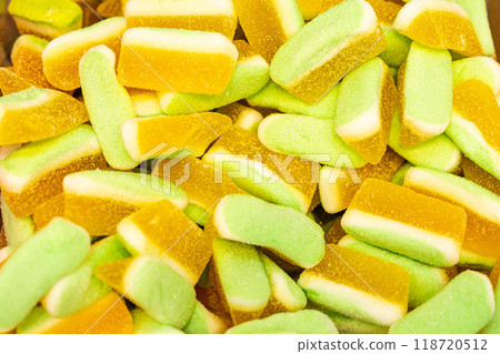 Assorted colorful gummy jelly candies. Top view. Jelly sweets. 118720512