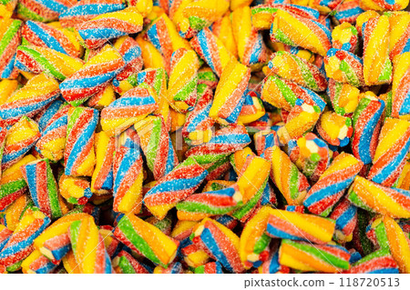Assorted colorful gummy jelly candies. Top view. Jelly sweets. 118720513