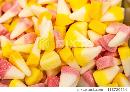 Assorted colorful gummy jelly candies. Top view. Jelly sweets. 118720514