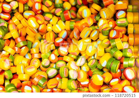 Assorted colorful gummy jelly candies. Top view. Jelly sweets. 118720515