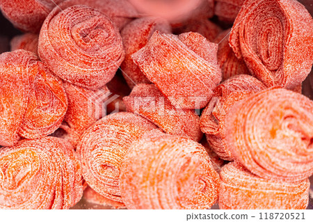 Assorted colorful gummy jelly candies. Top view. Jelly sweets. 118720521
