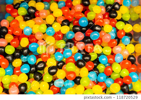 Assorted colorful gummy jelly candies. Top view. Jelly sweets. 118720529