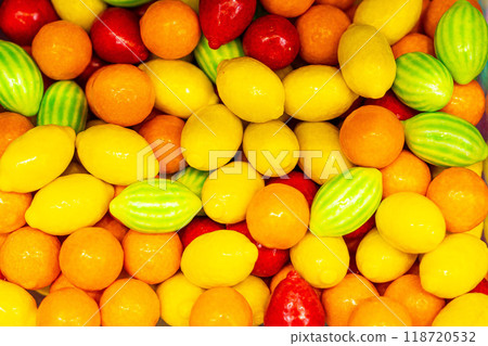 Assorted colorful gummy jelly candies. Top view. Jelly sweets. 118720532