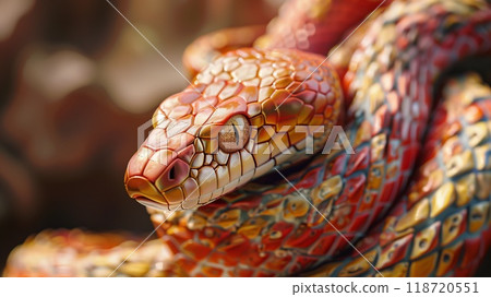 This snake displays its striking colors and intricate scale patterns while resting in a tranquil natural setting during daylight 118720551