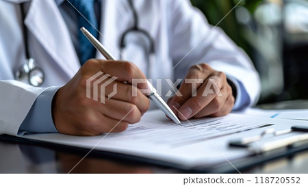 The doctor carefully writes a prescription on a notepad during a patient consultation in a medical office The doctor carefully writes a prescription on a notepad during a patient consultation in a medical office 118720552