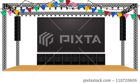 wooden stage and speaker with led screen on the truss system on the white background	 118720609
