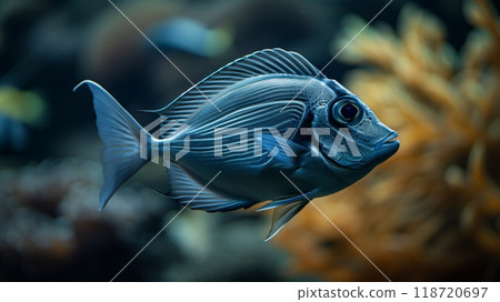 A surgeon fish glides through the clear waters, showcasing its distinctive features amidst colorful corals and marine life 118720697