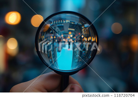 A person holds a magnifying glass reflecting vibrant city lights and active streets during twilight, emphasizing urban exploration 118720704