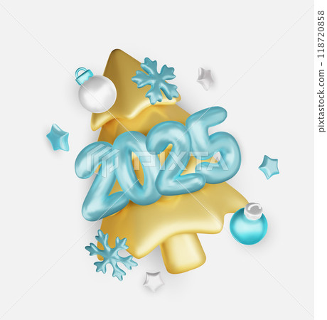 2025 Happy New Year. Realistic xmas tree and metal number. 3d render metallic sign. Celebrate party 2025. Christmas Poster, banner, cover card, brochure, flyer, layout design 118720858