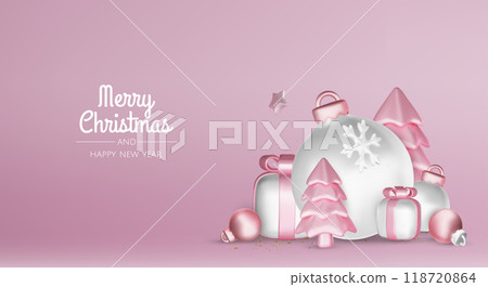 Christmas winter festive composition. Colorful Xmas background realistic 3d decorative design objects, christmas tree, gift boxes, xmas ball, gold confetti. Happy New Year. Vector illustration 118720864