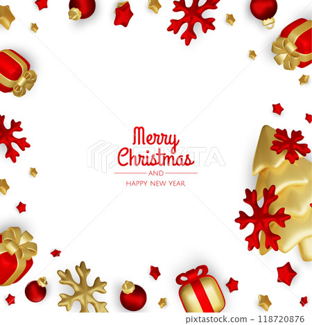 Christmas winter festive composition. Colorful Xmas background realistic 3d decorative design objects, christmas tree, gift boxes, xmas ball, gold confetti. Happy New Year. Vector illustration 118720876