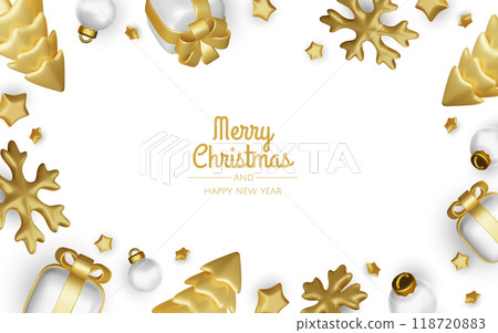 Christmas winter festive composition. Colorful Xmas background realistic 3d decorative design objects, christmas tree, gift boxes, xmas ball, gold confetti. Happy New Year. Vector illustration Christmas winter festive composition. Colorful Xmas background realistic 3d decorative design objects, christmas tree, gift boxes, xmas ball, gold confetti. Happy New Year. Vector illustration 118720883