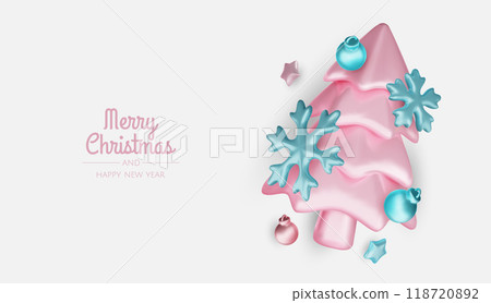Christmas winter festive composition. Colorful Xmas background realistic 3d decorative design objects, christmas tree, gift boxes, xmas ball, gold confetti. Happy New Year. Vector illustration 118720892