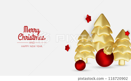Christmas winter festive composition. Colorful Xmas background realistic 3d decorative design objects, christmas tree, gift boxes, xmas ball, gold confetti. Happy New Year. Vector illustration 118720902