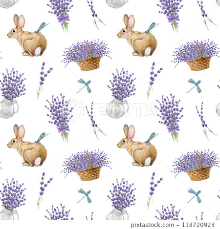 Springtime romantic seamless pattern with bunny and lavender flowers. Watercolor vintage style illustration. Hand drawn cute bunny, lavender elements in tender colors for printing, textile design 118720923