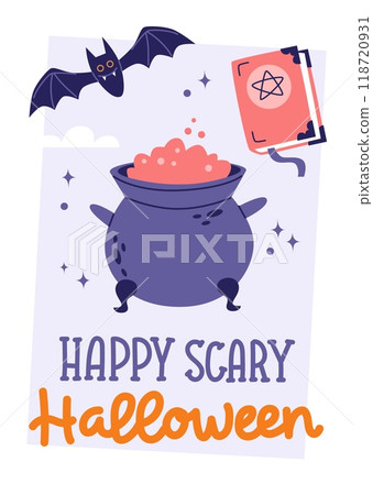 Halloween greeting card design. Hand drawn calligraphy and cute cauldron and spell book. Vector illustration template 118720931