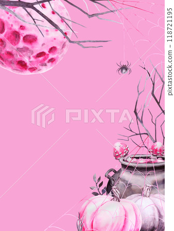 Halloween postcard template with place for text. Pink and black pumpkins, cauldron, poisonous mushrooms fly agaric, full moon, spider on web, branch. Watercolor hand drawn cut out isolated clip art Halloween postcard template with place for text. Pink and black pumpkins, cauldron, poisonous mushrooms fly agaric, full moon, spider on web, branch. Watercolor hand drawn cut out isolated clip art 118721195