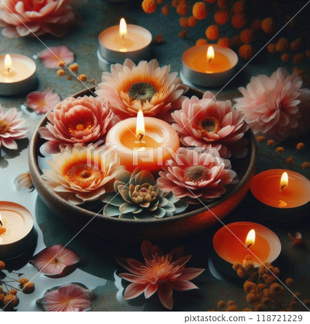 Tranquil Floating Candle with Flowers in Serene Water for Relaxation and Meditation.festive scene for Diwali holiday 118721229