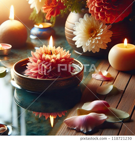 Tranquil Floating Candle with Flowers in Serene Water for Relaxation and Meditation.festive scene for Diwali holiday 118721230