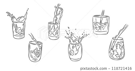 Set of sketchy water splashes and pouring in glass 118721416