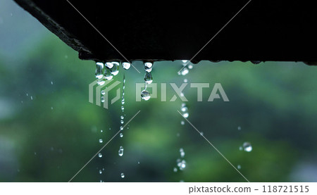 Rainwater dripping from the roof of the house and green trees Rainwater dripping from the roof of the house and green trees 118721515