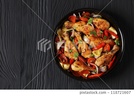 Basque Chicken Pepper Artichoke and Chorizo Saute Basque Chicken Pepper Artichoke and Chorizo Saute 118721607