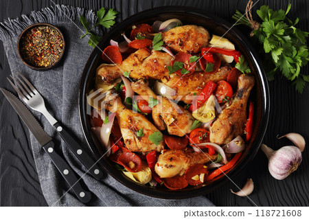 Basque Chicken Pepper Artichoke and Chorizo Saute Basque Chicken Pepper Artichoke and Chorizo Saute 118721608